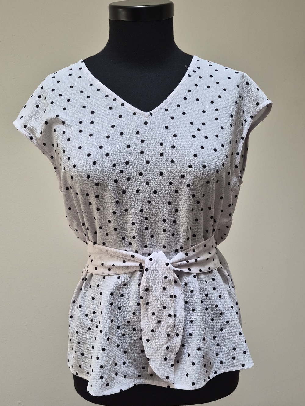 cleo White V‑Neck Polka Dot Midi Dress with Tie Waist ($9 SALE ON TOPS!) 🫶